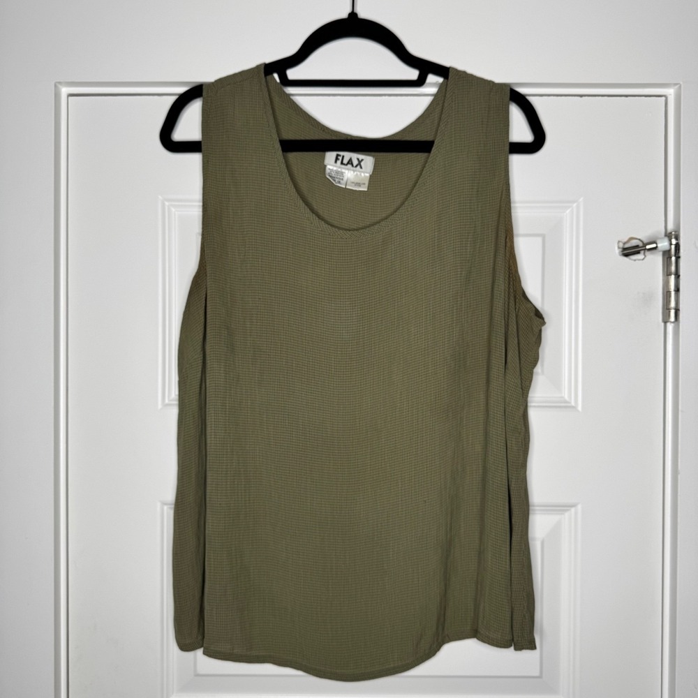 FLAX Tank Top Green Tan Rayon 1G Size 18-20 Loose Boxy Fit - Picture 2 of 9